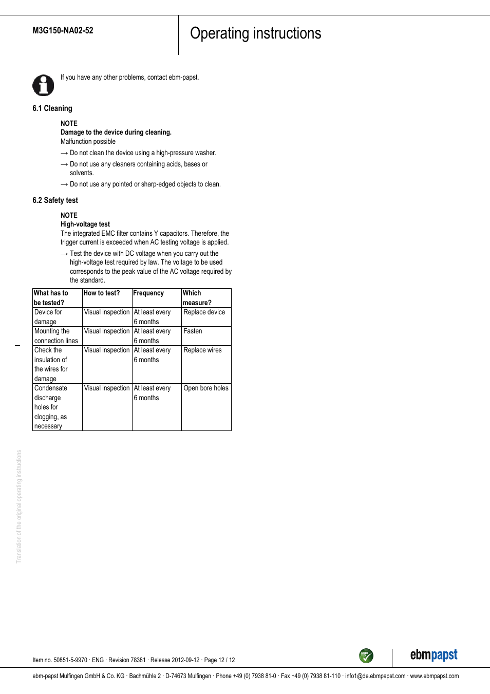 Operating instructions | ebm-papst M3G150-NA02-52 User Manual | Page 12 / 12