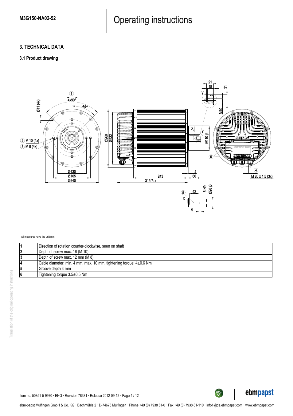 Operating instructions | ebm-papst M3G150-NA02-52 User Manual | Page 4 / 12