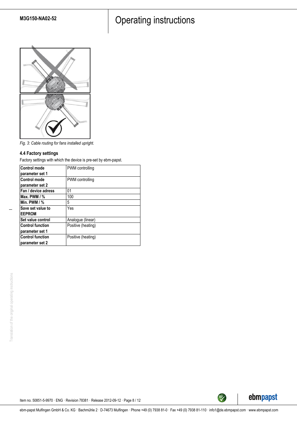 Operating instructions | ebm-papst M3G150-NA02-52 User Manual | Page 8 / 12