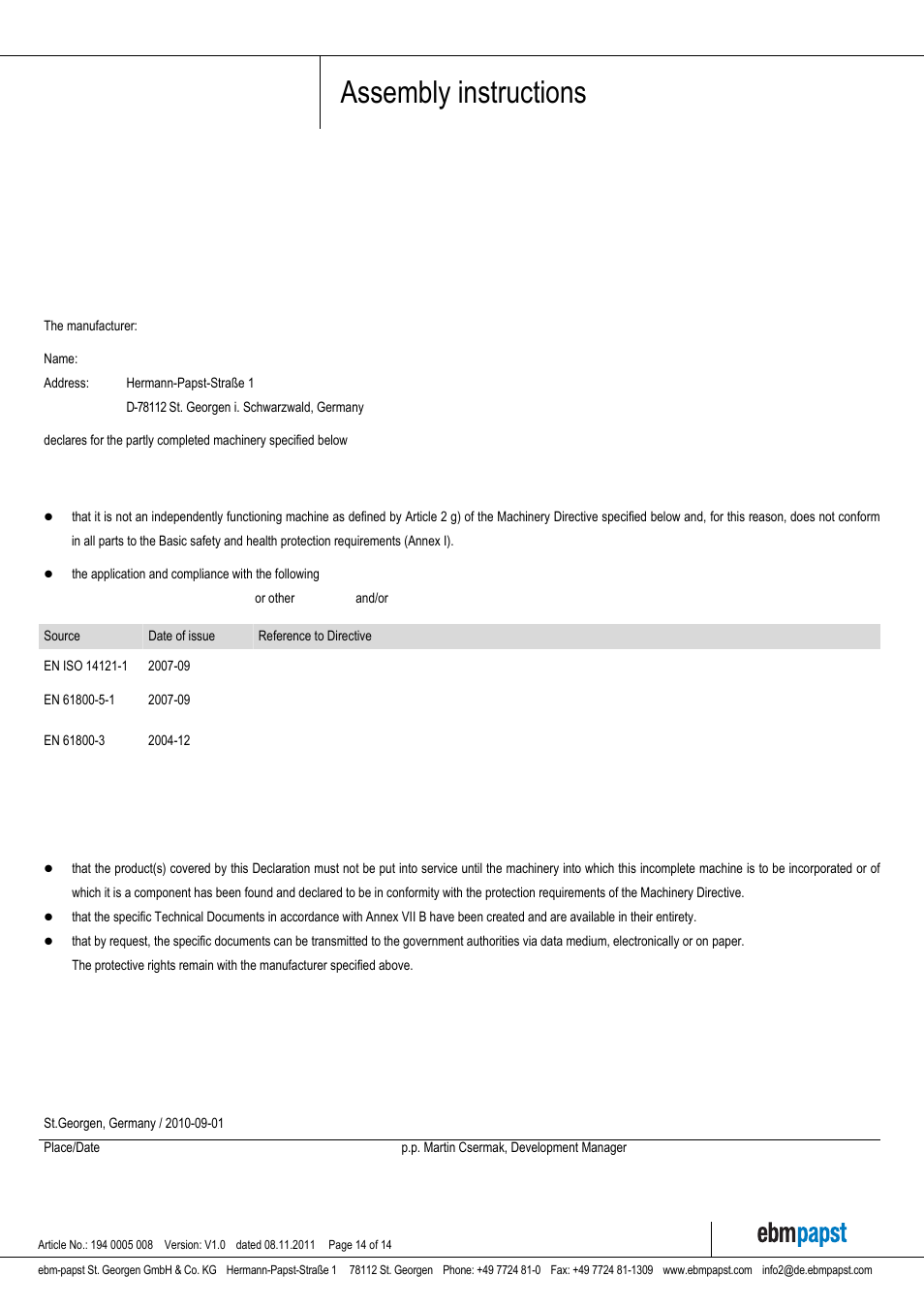 Assembly instructions, Declaration of incorporation | ebm-papst VDC-3-49.15 User Manual | Page 14 / 14