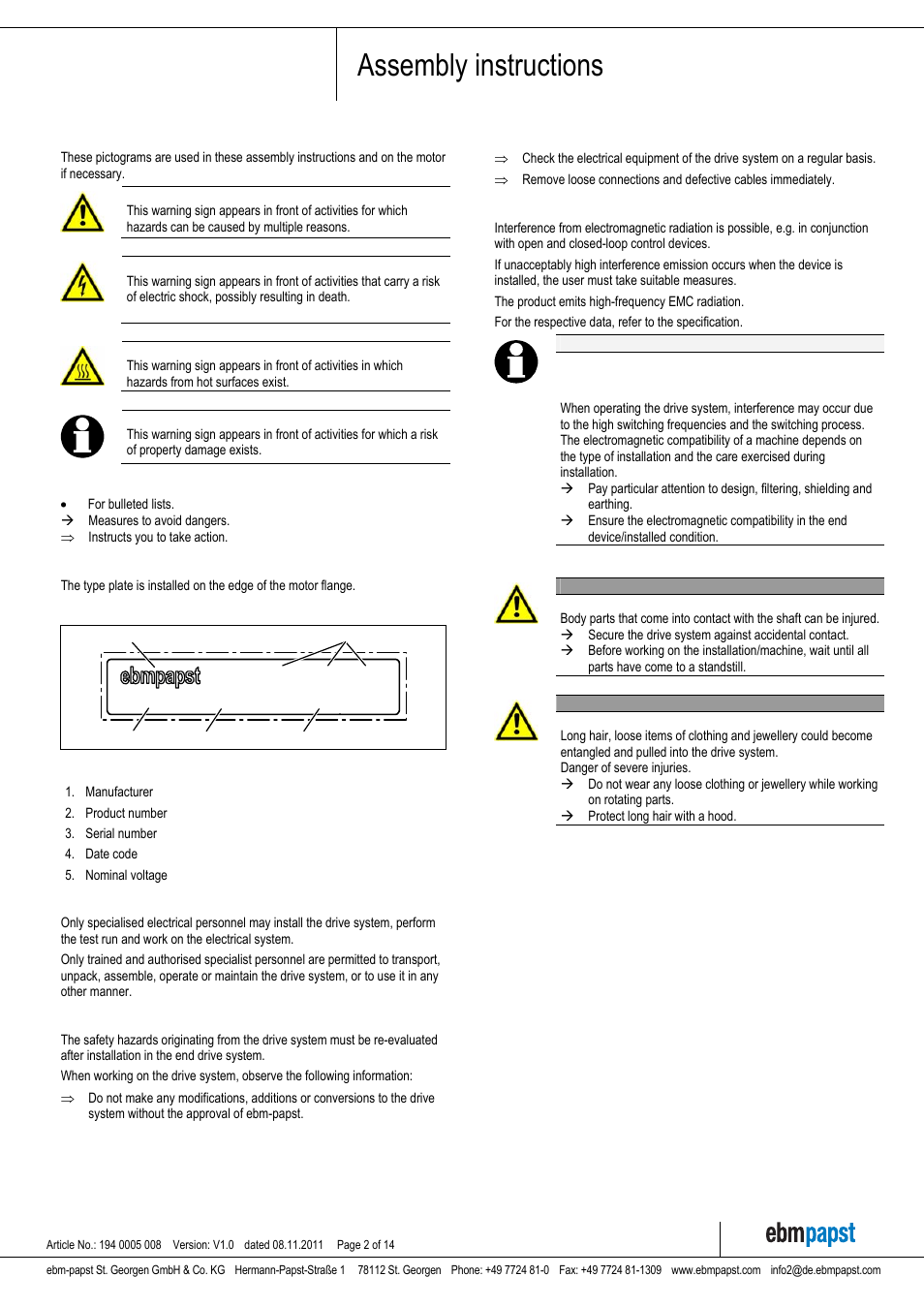 Assembly instructions | ebm-papst VDC-3-49.15 User Manual | Page 2 / 14