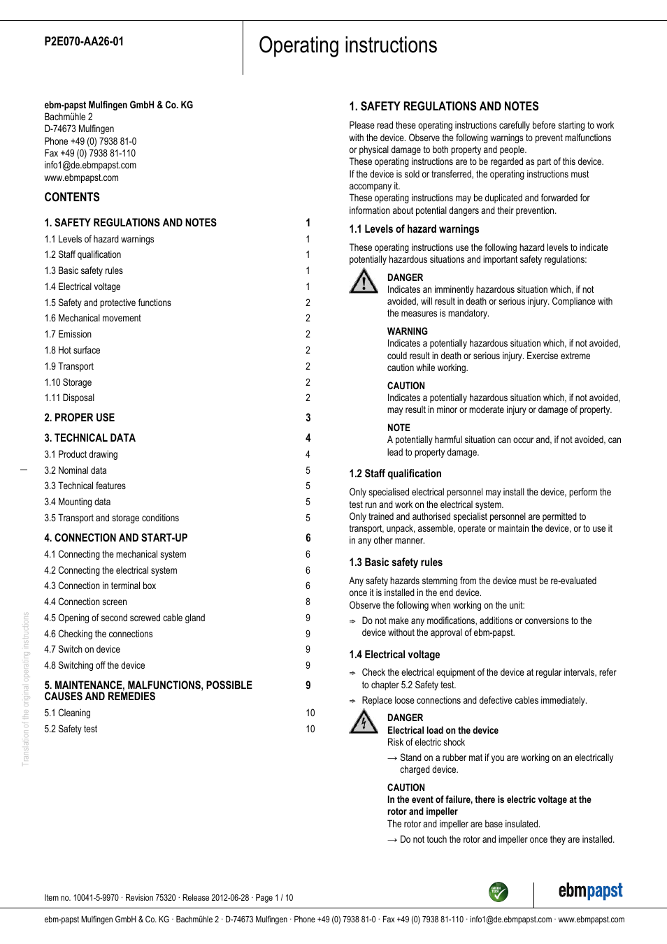 ebm-papst P2E070-AA26-01 User Manual | 10 pages