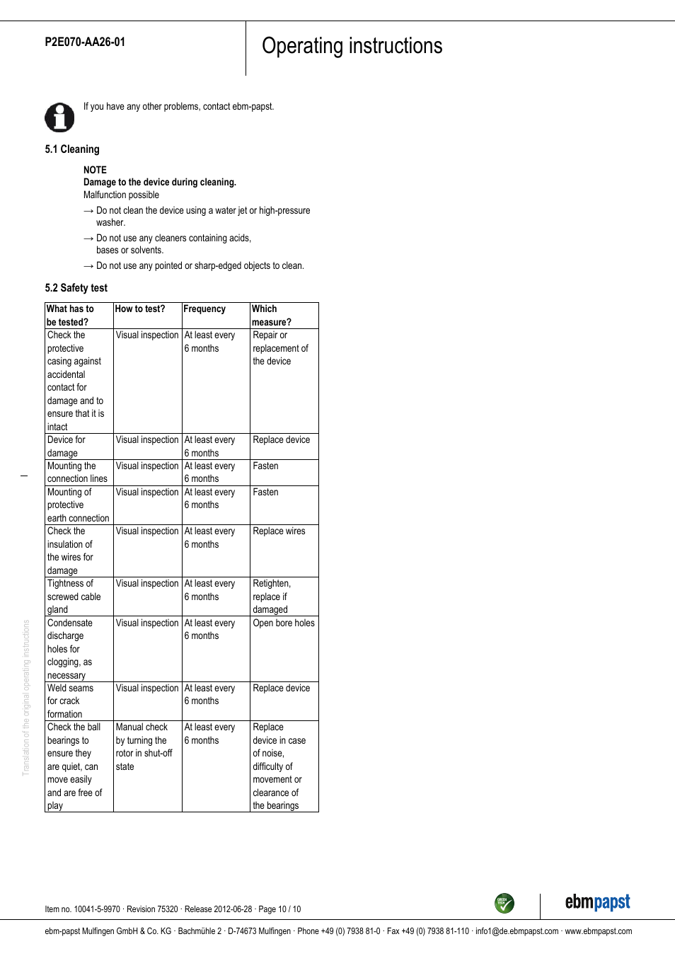 Operating instructions | ebm-papst P2E070-AA26-01 User Manual | Page 10 / 10