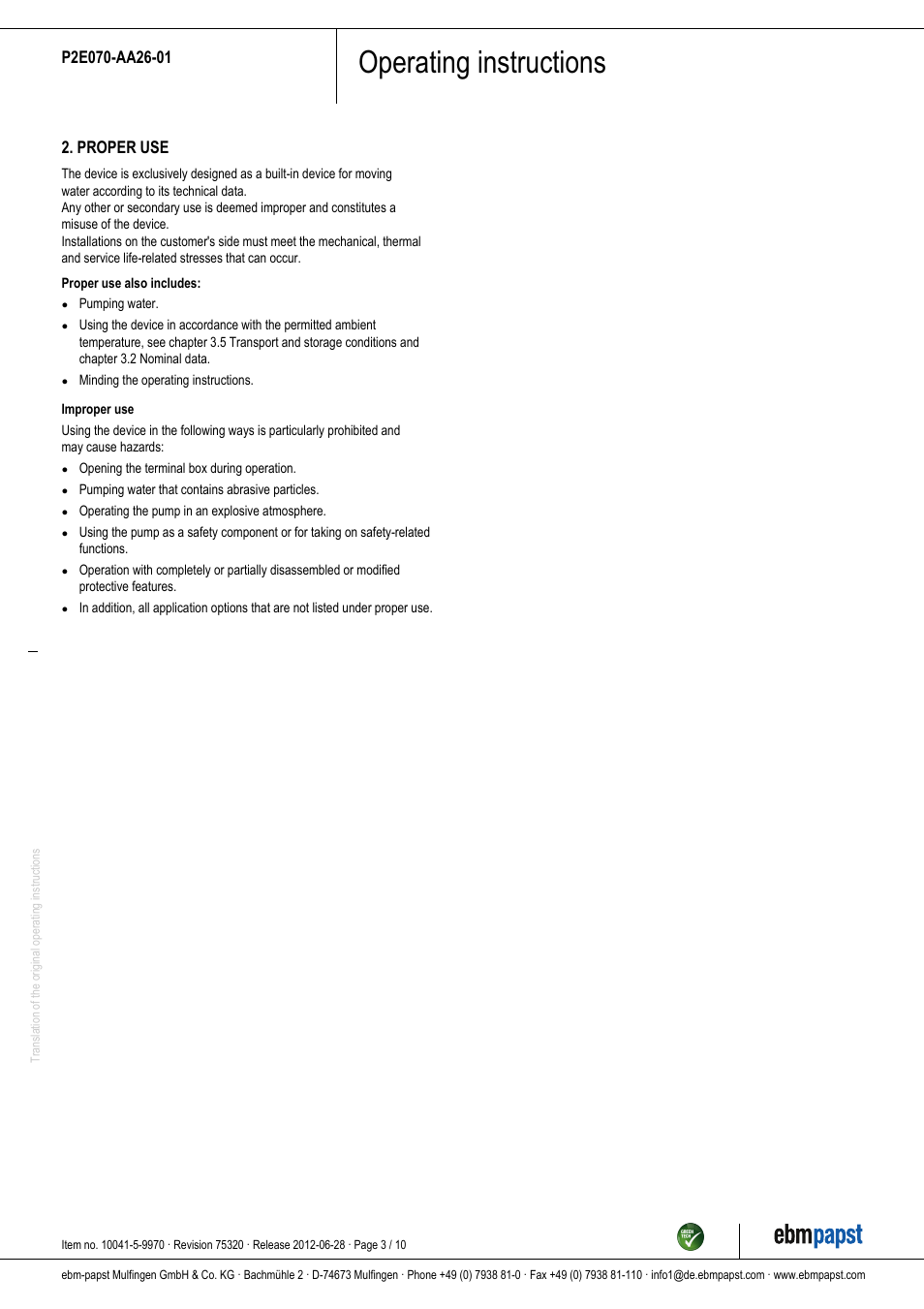 Operating instructions | ebm-papst P2E070-AA26-01 User Manual | Page 3 / 10