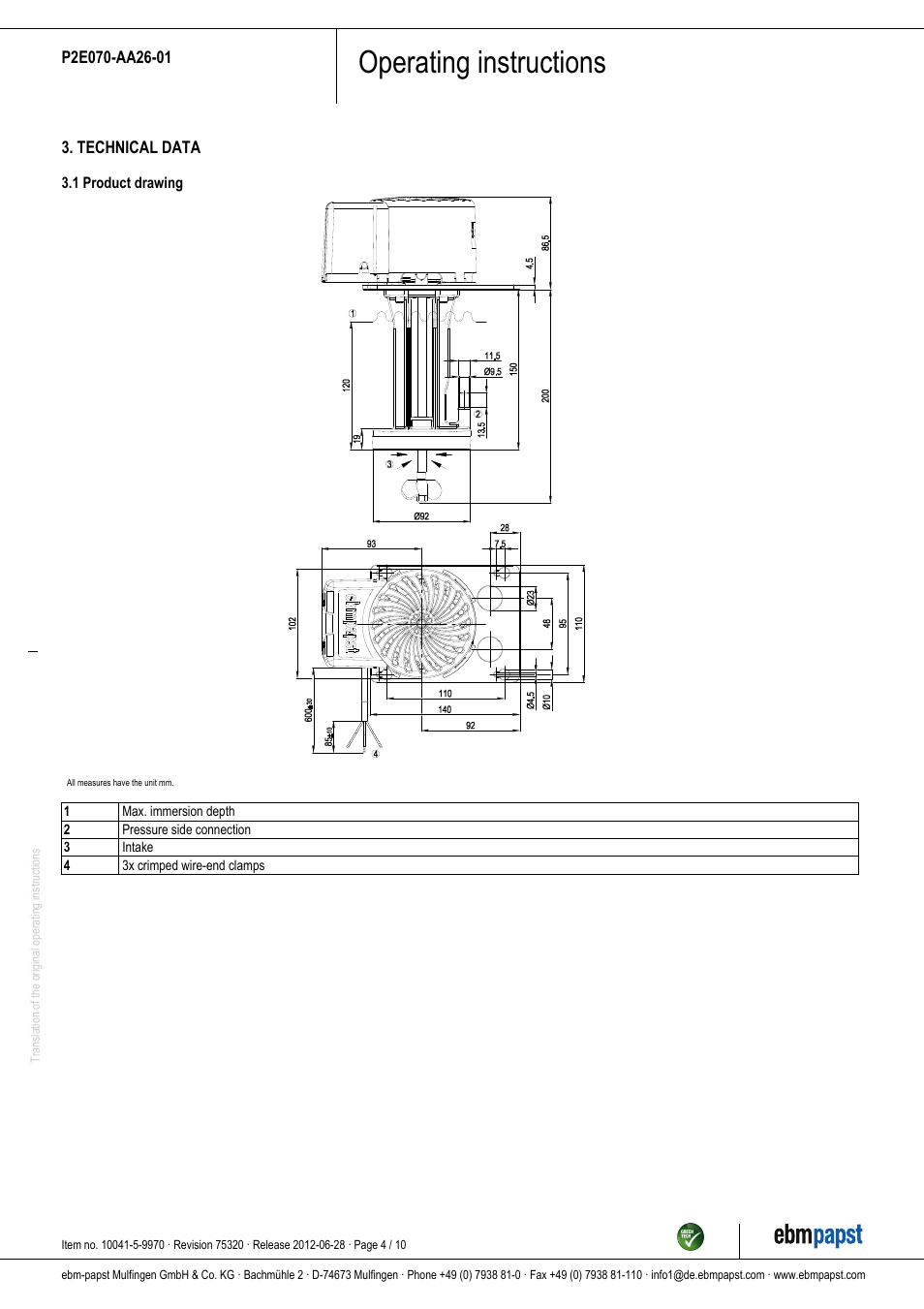 Operating instructions | ebm-papst P2E070-AA26-01 User Manual | Page 4 / 10