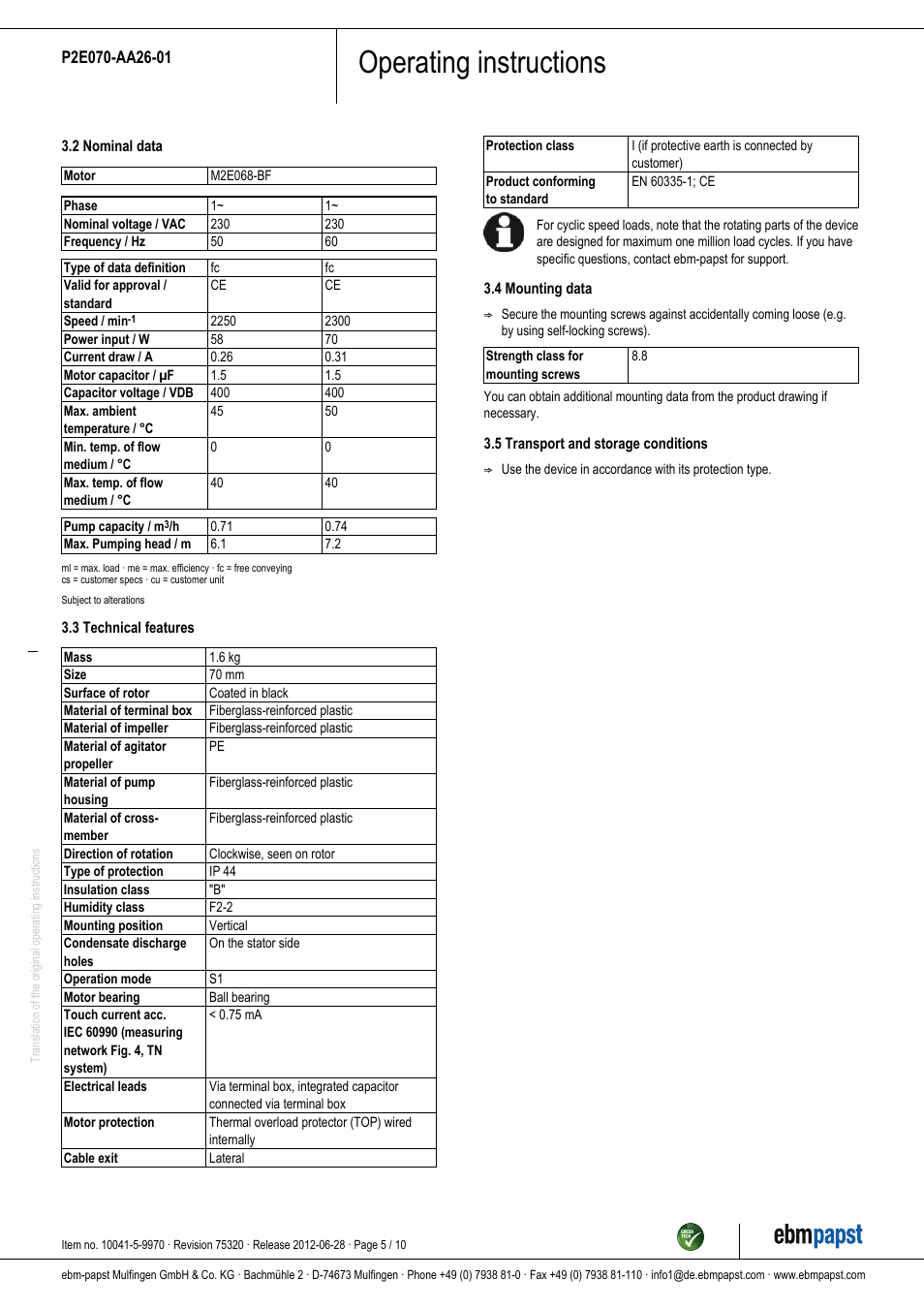 Operating instructions | ebm-papst P2E070-AA26-01 User Manual | Page 5 / 10