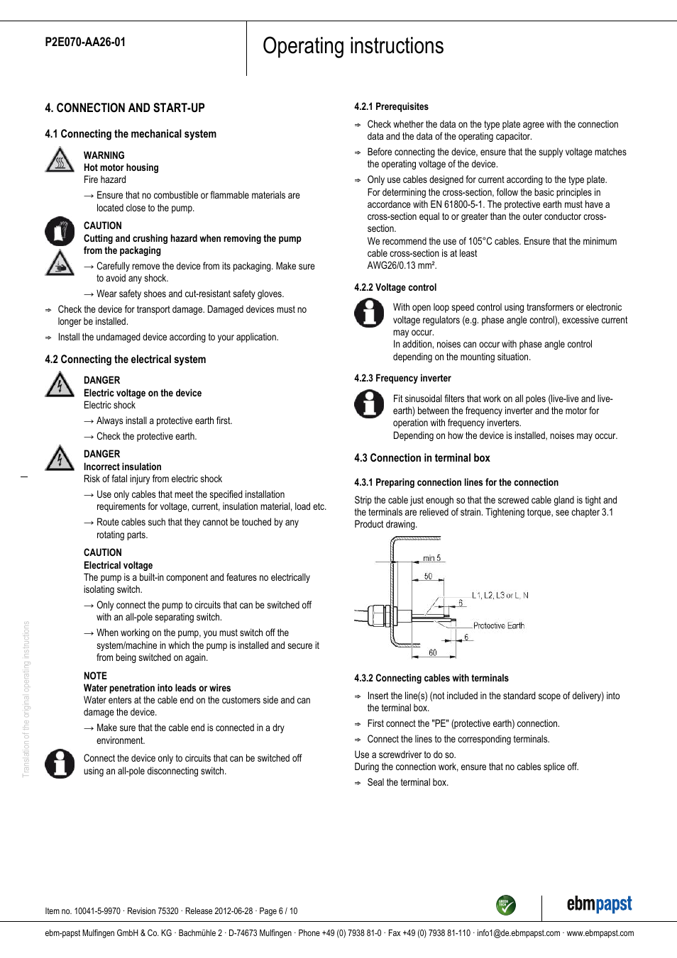 Operating instructions | ebm-papst P2E070-AA26-01 User Manual | Page 6 / 10