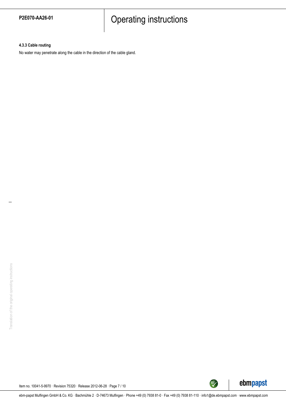 Operating instructions | ebm-papst P2E070-AA26-01 User Manual | Page 7 / 10