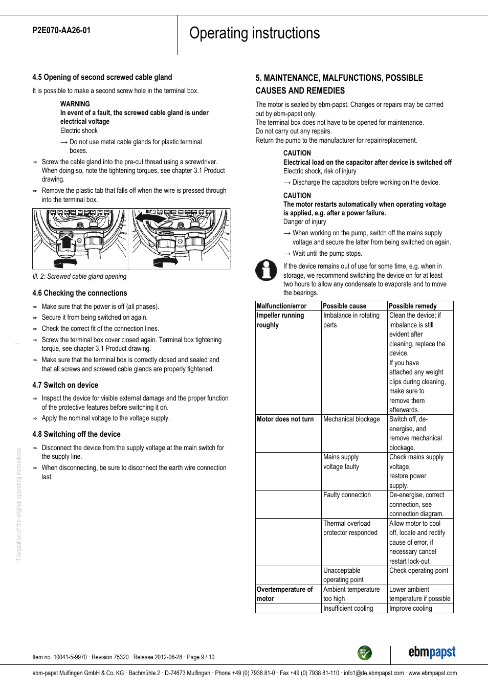Operating instructions | ebm-papst P2E070-AA26-01 User Manual | Page 9 / 10