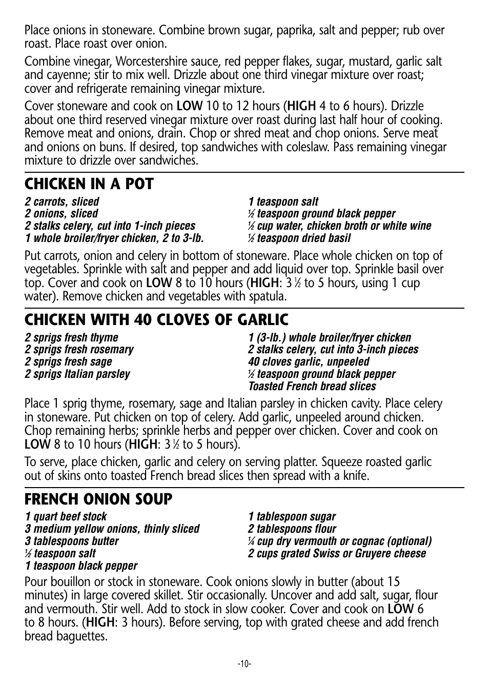 Chicken in a pot, Chicken with 40 cloves of garlic, French onion soup | Crock-Pot 3060 W User Manual | Page 10 / 16