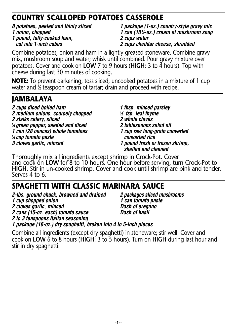 Country scalloped potatoes casserole, Jambalaya, Spaghetti with classic marinara sauce | Crock-Pot 3060 W User Manual | Page 12 / 16