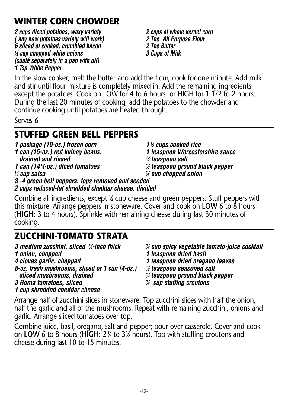 Winter corn chowder, Stuffed green bell peppers, Zucchini-tomato strata | Combine all ingredients, except | Crock-Pot 3060 W User Manual | Page 13 / 16