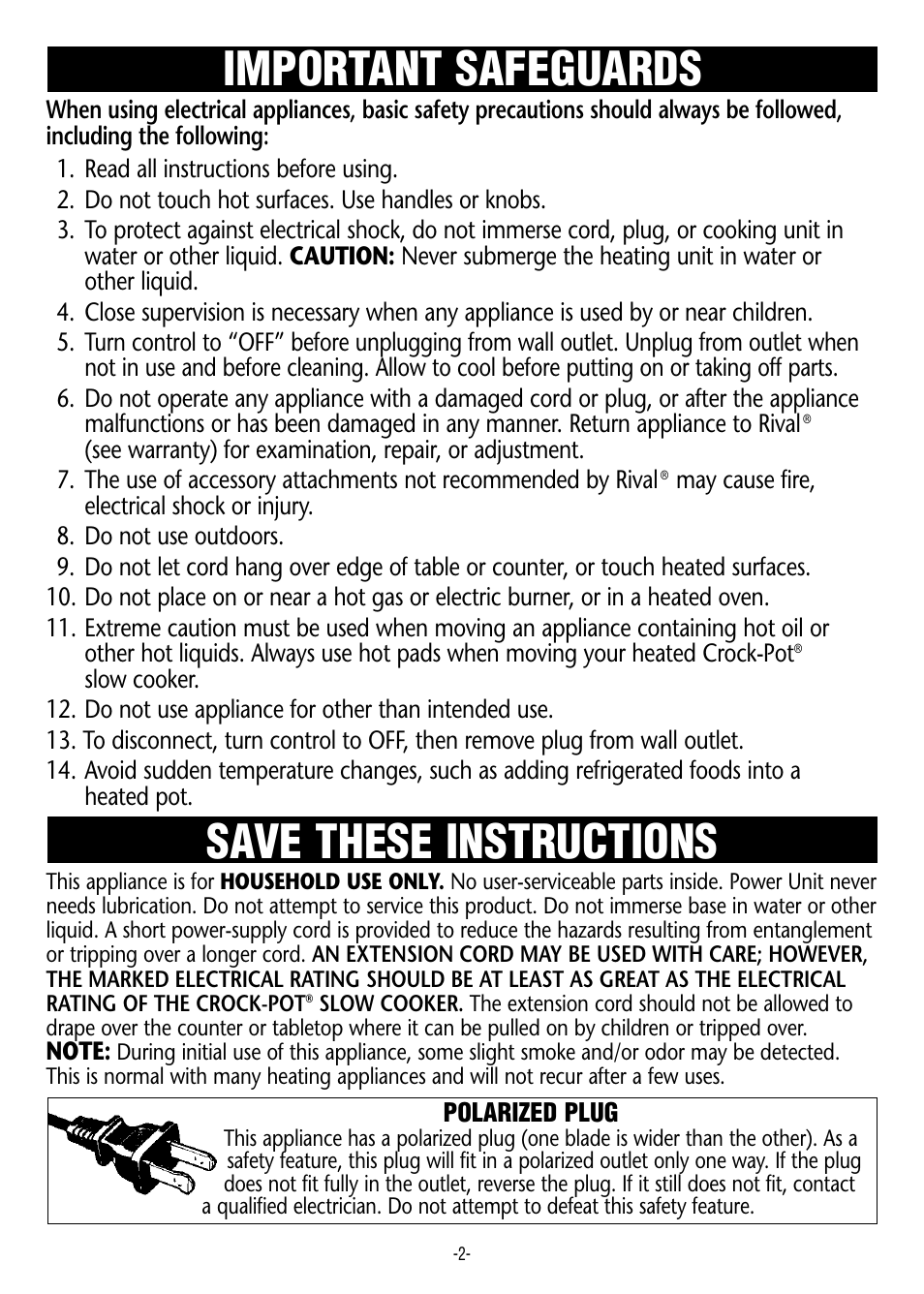 Important safeguards, Save these instructions important safeguards | Crock-Pot 3060 W User Manual | Page 2 / 16