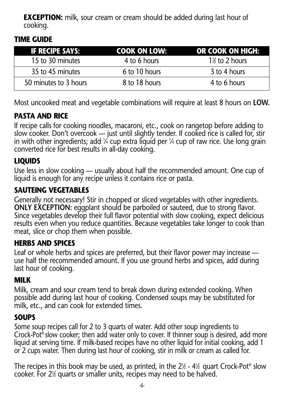 Cup extra liquid per, Quart crock-pot, Slow cooker. for 2 | Crock-Pot 3060 W User Manual | Page 6 / 16