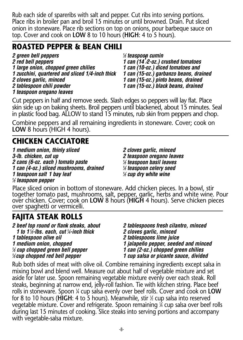 Roasted pepper & bean chili, Chicken cacciatore, Fajita steak rolls | Crock-Pot 3060 W User Manual | Page 8 / 16