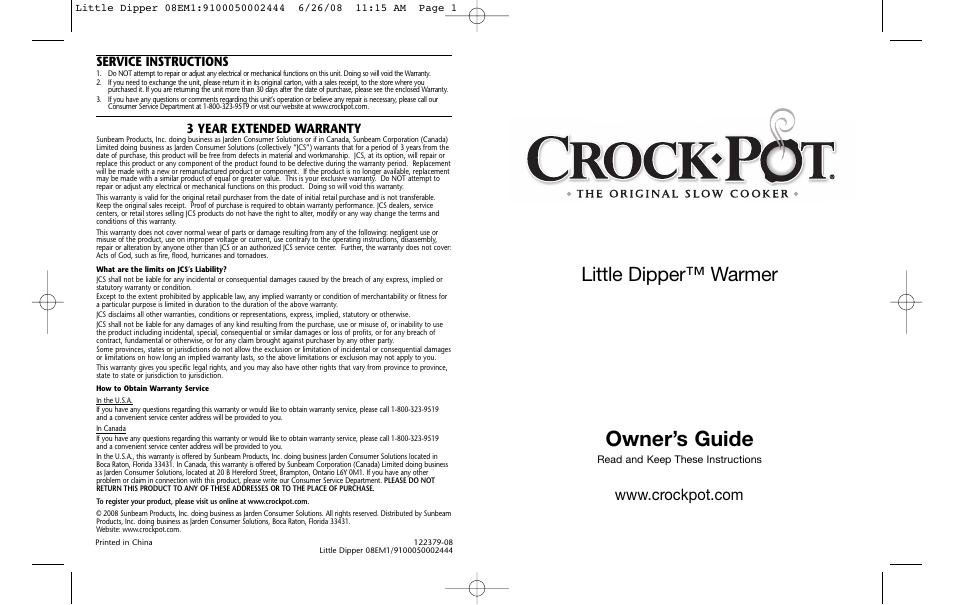 Crock-Pot 08EM1/9100050002444 User Manual | 4 pages
