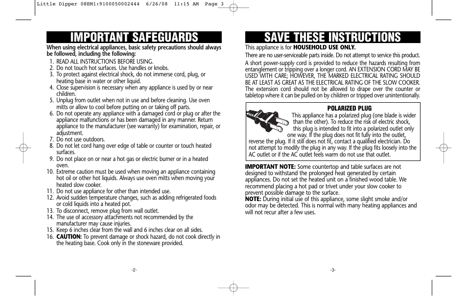 Save these instructions, Important safeguards | Crock-Pot 08EM1/9100050002444 User Manual | Page 2 / 4