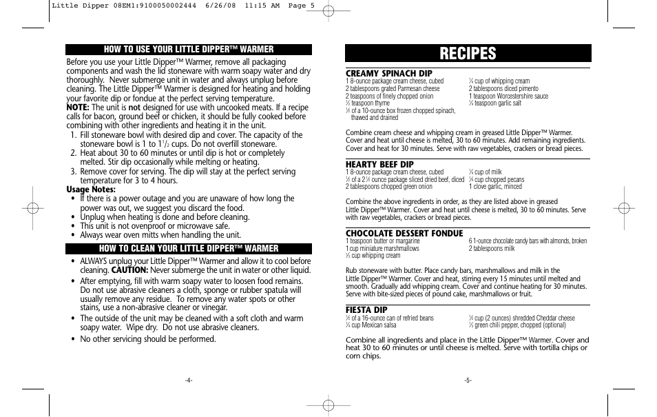 Recipes, Hearty beef dip, Chocolate dessert fondue | Fiesta dip | Crock-Pot 08EM1/9100050002444 User Manual | Page 3 / 4