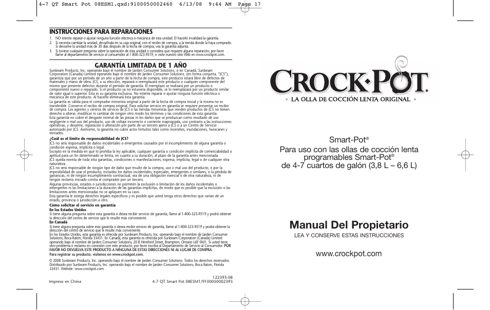 Manual del propietario, Instrucciones para reparaciones, Garantía limitada de 1 año | Crock-Pot Smart-Pot 4-7 Quart User Manual | Page 9 / 18