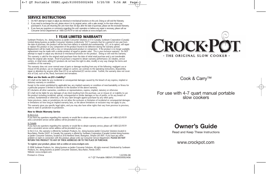 Crock-Pot Cook & Carry 4-7 Quart User Manual | 8 pages