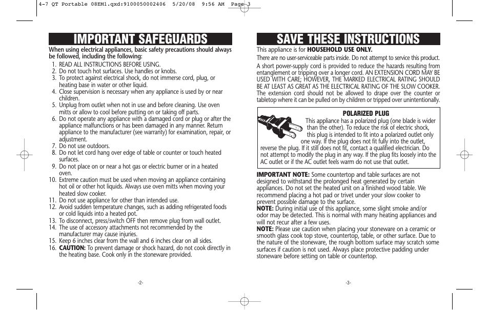 Save these instructions, Important safeguards | Crock-Pot Cook & Carry 4-7 Quart User Manual | Page 2 / 8