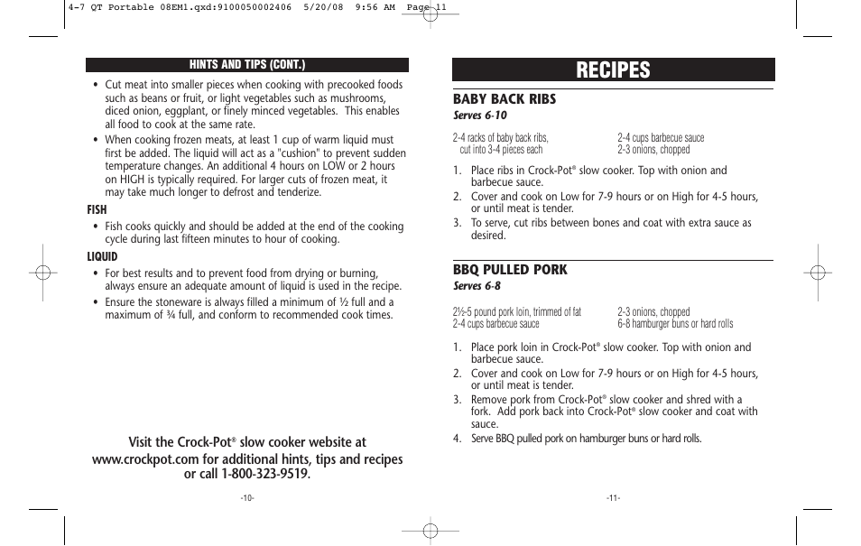 Recipes, Baby back ribs, Bbq pulled pork | Visit the crock-pot | Crock-Pot Cook & Carry 4-7 Quart User Manual | Page 6 / 8