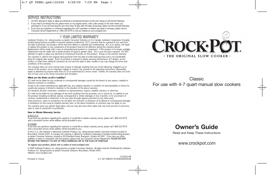 Crock-Pot Classic 4-7 Quart User Manual | 8 pages