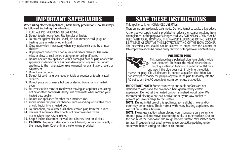 Save these instructions, Important safeguards | Crock-Pot Classic 4-7 Quart User Manual | Page 2 / 8