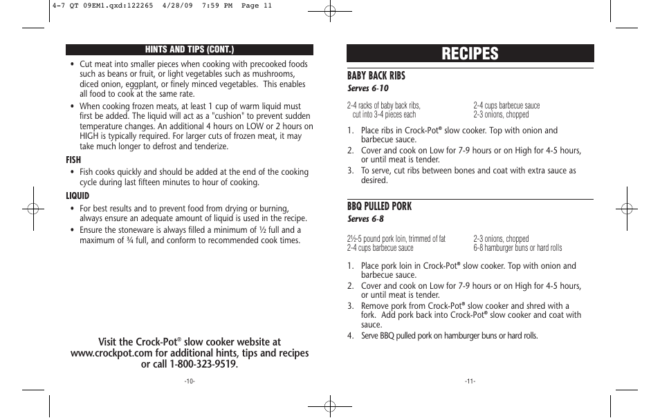 Recipes, Visit the crock-pot, Baby back ribs | Bbq pulled pork | Crock-Pot Classic 4-7 Quart User Manual | Page 6 / 8