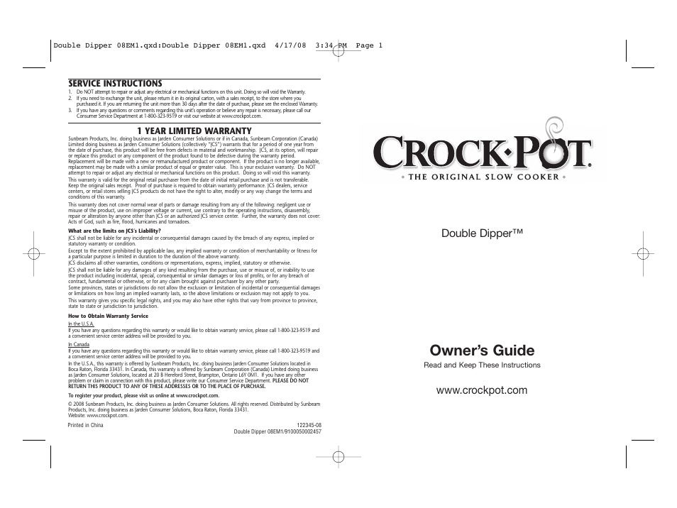 Crock-Pot Double Dipper User Manual | 4 pages
