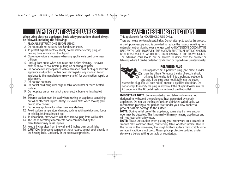 Save these instructions, Important safeguards | Crock-Pot Double Dipper User Manual | Page 2 / 4