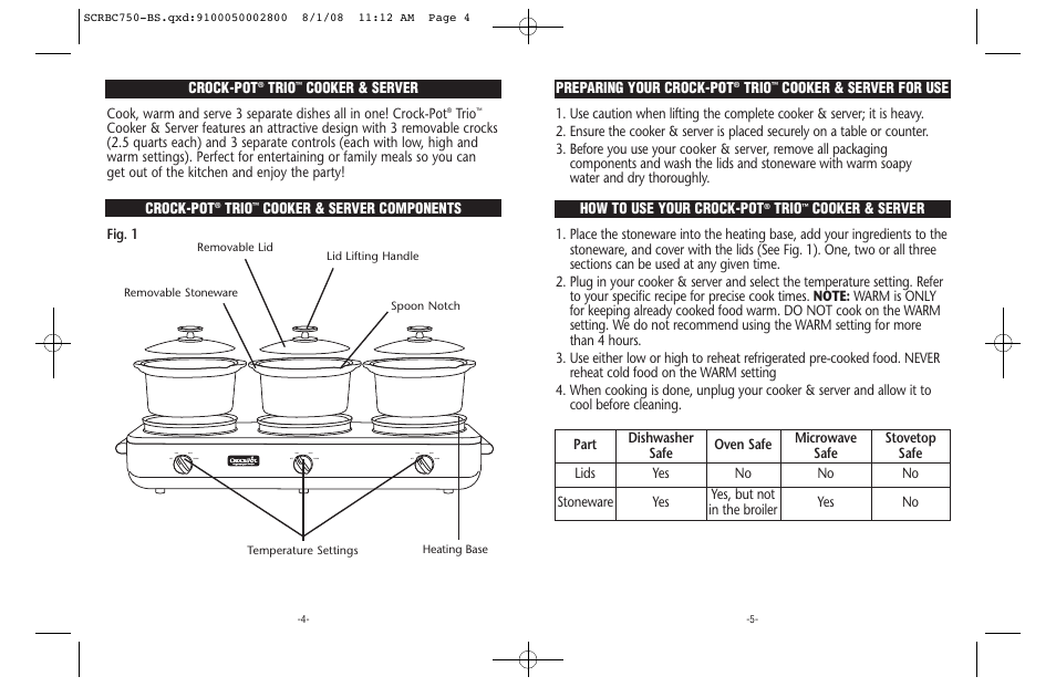 Crock-pot, Trio, Cooker & server for use how to use your crock-pot | Cooker & server, Fig. 1 | Crock-Pot Trio User Manual | Page 3 / 10