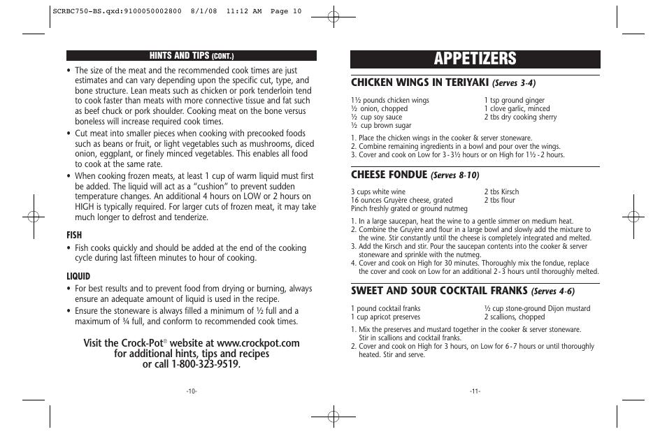 Appetizers, Chicken wings in teriyaki, Cheese fondue | Sweet and sour cocktail franks, Visit the crock-pot | Crock-Pot Trio User Manual | Page 6 / 10