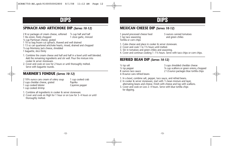 Dips, Mexican cheese dip, Refried bean dip | Spinach and artichoke dip, Mariner’s fondue | Crock-Pot Trio User Manual | Page 7 / 10