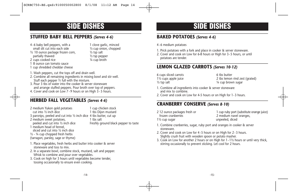 Side dishes, Baked potatoes, Lemon glazed carrots | Cranberry conserve, Stuffed baby bell peppers, Herbed fall vegetables | Crock-Pot Trio User Manual | Page 8 / 10