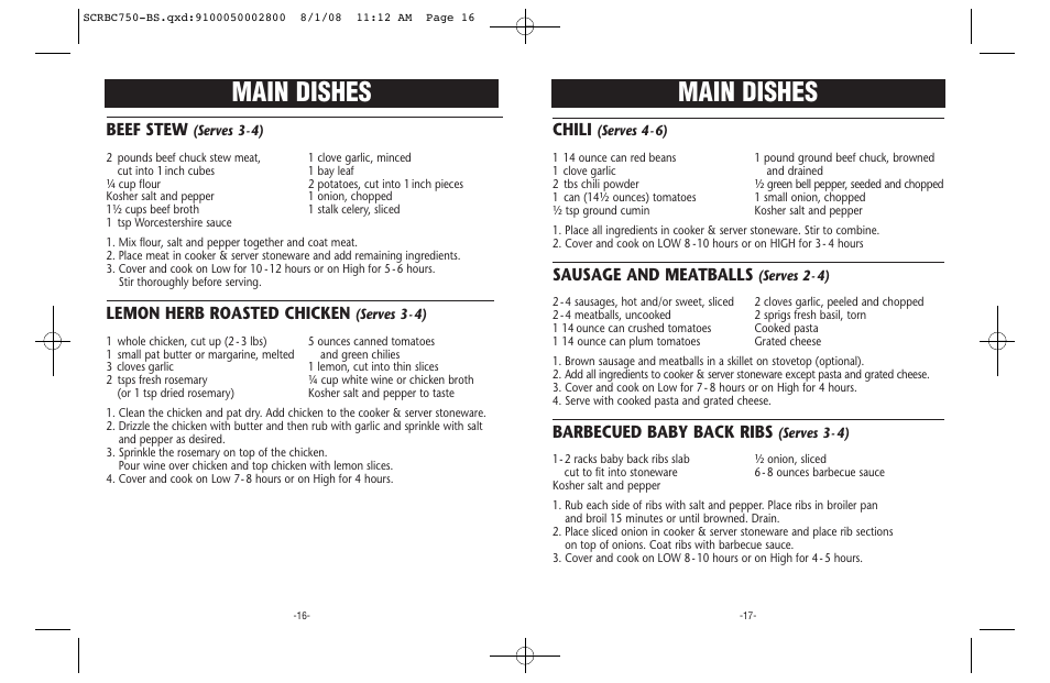 Main dishes, Chili, Sausage and meatballs | Barbecued baby back ribs, Beef stew, Lemon herb roasted chicken | Crock-Pot Trio User Manual | Page 9 / 10