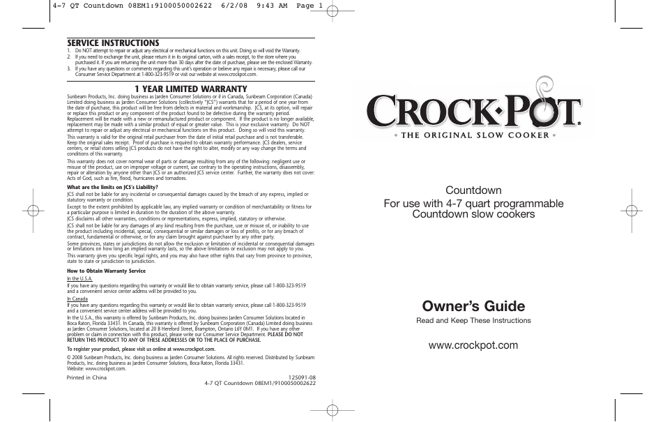 Crock-Pot Countdownn 4-7 Quart User Manual | 8 pages