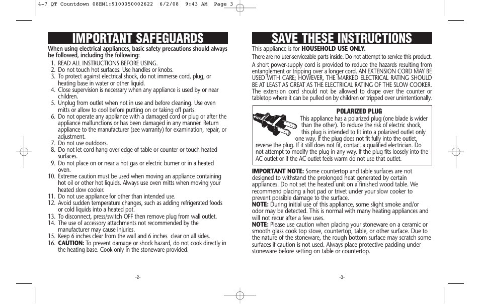 Save these instructions, Important safeguards | Crock-Pot Countdownn 4-7 Quart User Manual | Page 2 / 8