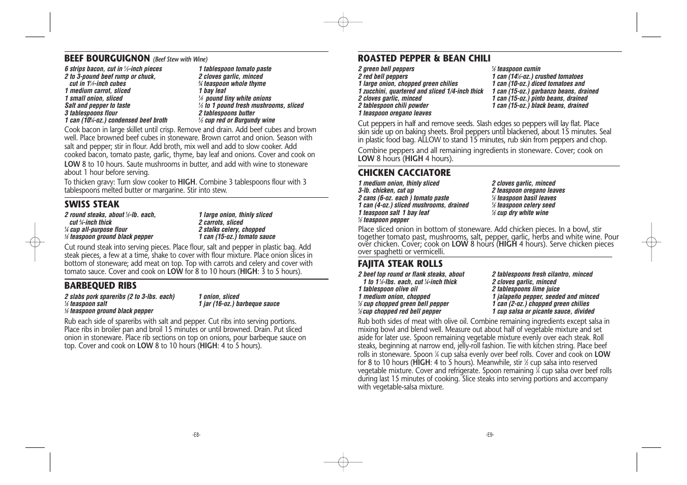 Roasted pepper & bean chili, Chicken cacciatore, Fajita steak rolls | Beef bourguignon, Swiss steak, Barbequed ribs | Crock-Pot Stoneware User Manual | Page 5 / 9