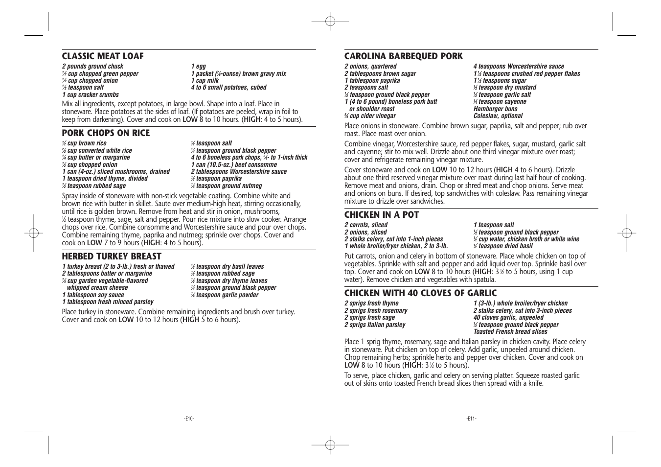 Carolina barbequed pork, Chicken in a pot, Chicken with 40 cloves of garlic | Classic meat loaf, Pork chops on rice, Herbed turkey breast | Crock-Pot Stoneware User Manual | Page 6 / 9