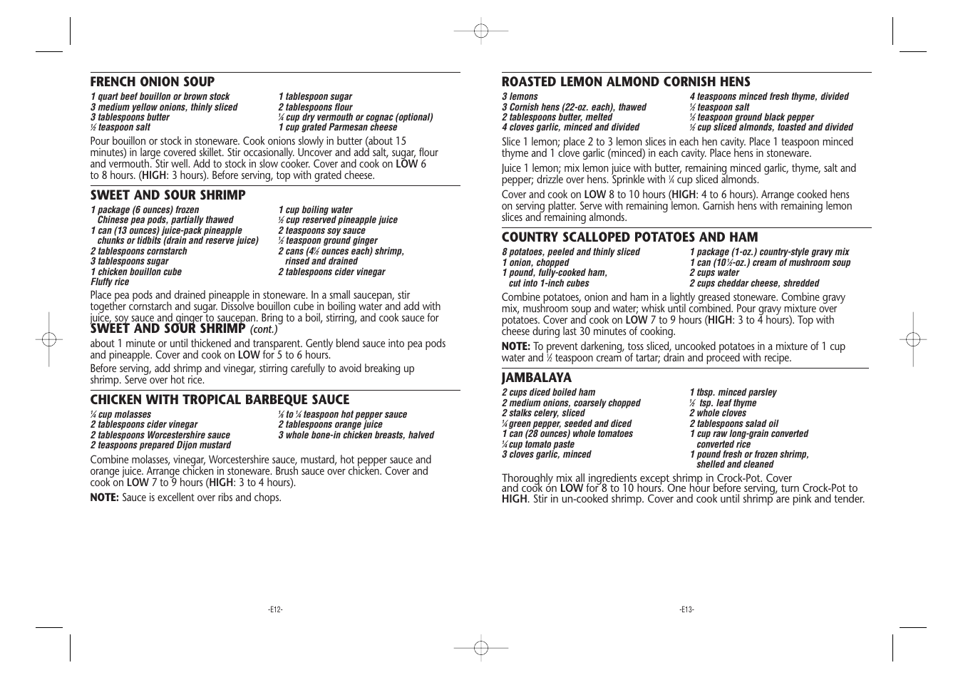 French onion soup, Sweet and sour shrimp, Chicken with tropical barbeque sauce | Roasted lemon almond cornish hens, Country scalloped potatoes and ham, Jambalaya | Crock-Pot Stoneware User Manual | Page 7 / 9
