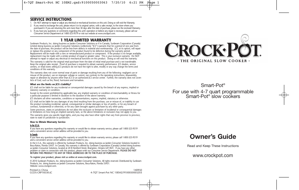 Crock-Pot 4-7QT User Manual | 8 pages