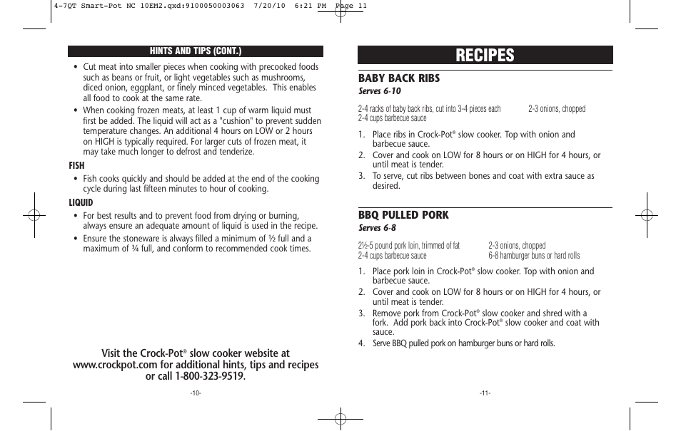 Recipes, Visit the crock-pot, Bbq pulled pork | Crock-Pot 4-7QT User Manual | Page 6 / 8