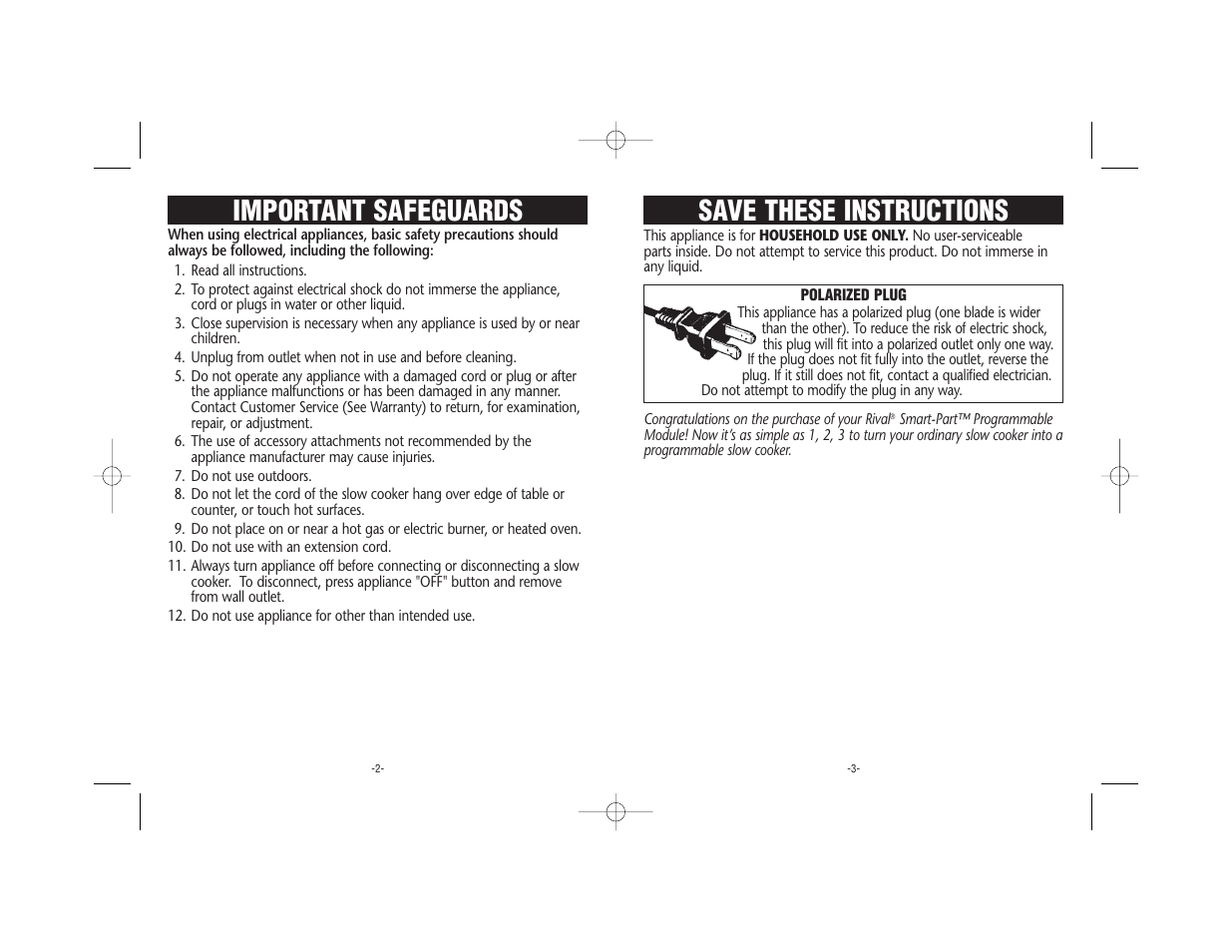 Save these instructions, Important safeguards | Crock-Pot SP100 User Manual | Page 2 / 5