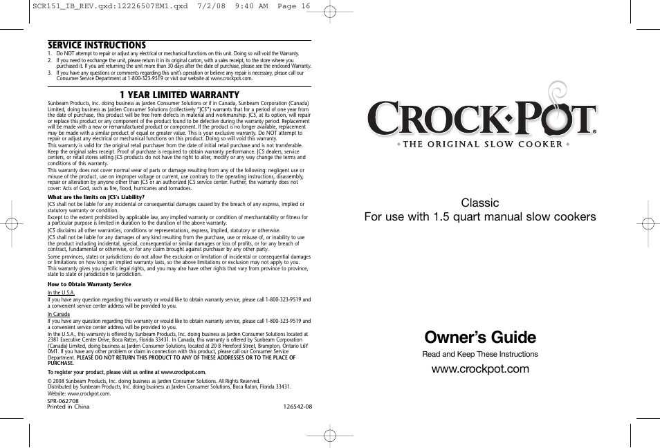 Crock-Pot 1.5 Quart User Manual | 8 pages