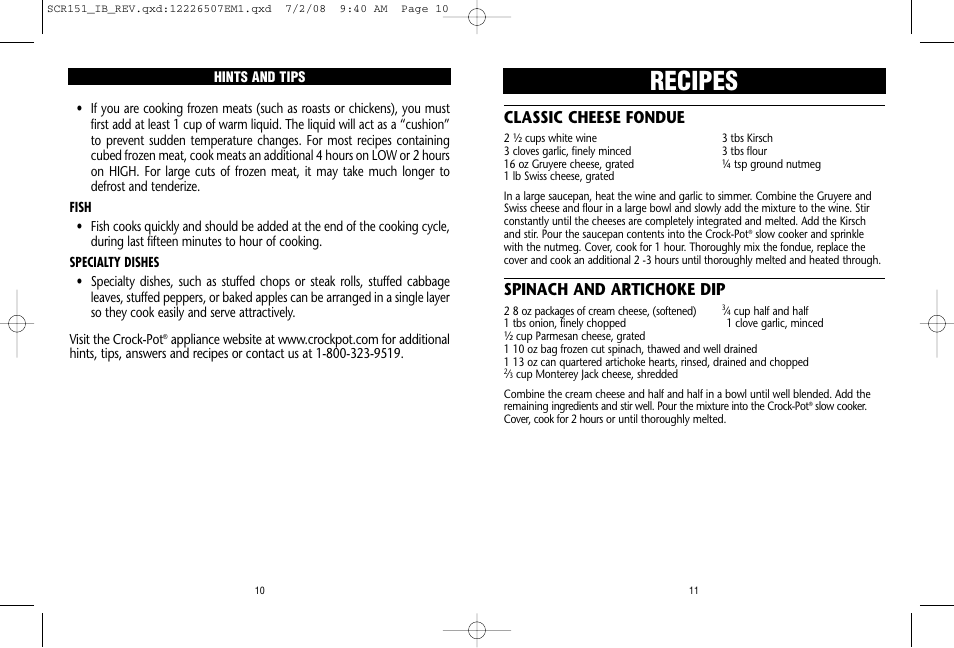 Recipes, Classic cheese fondue, Spinach and artichoke dip | Crock-Pot 1.5 Quart User Manual | Page 6 / 8