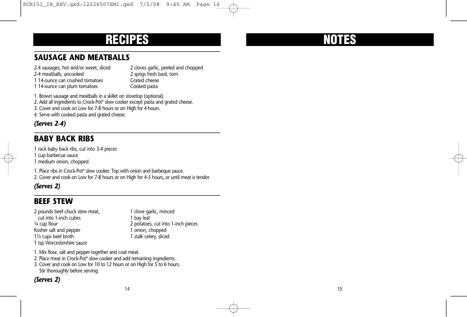 Recipes, Sausage and meatballs, Baby back ribs | Beef stew | Crock-Pot 1.5 Quart User Manual | Page 8 / 8