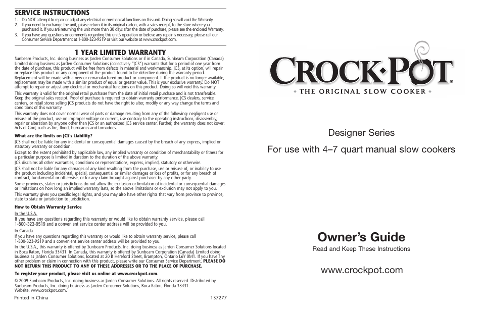 Crock-Pot Designer Series 4-7 Quart User Manual | 8 pages