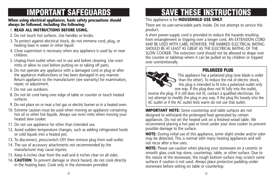 Save these instructions, Important safeguards | Crock-Pot Designer Series 4-7 Quart User Manual | Page 2 / 8