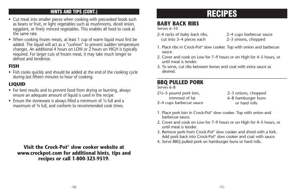 Recipes, Baby back ribs, Bbq pulled pork | Crock-Pot Designer Series 4-7 Quart User Manual | Page 6 / 8